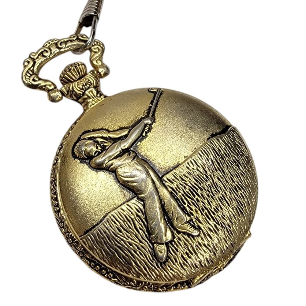 Milan Quartz Pocket Watch Gold Tone Golfer Motif Japan Movement With Chain